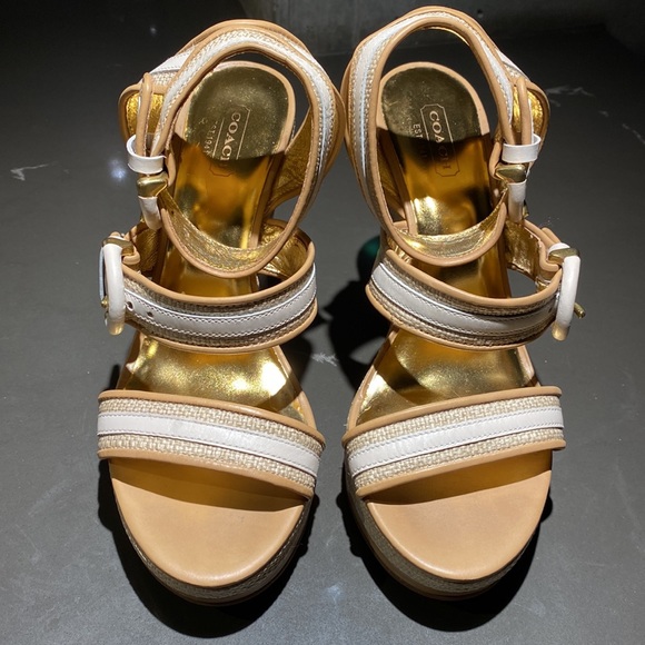 Coach Gold & White Woven Wedge Heels - Picture 10 of 11